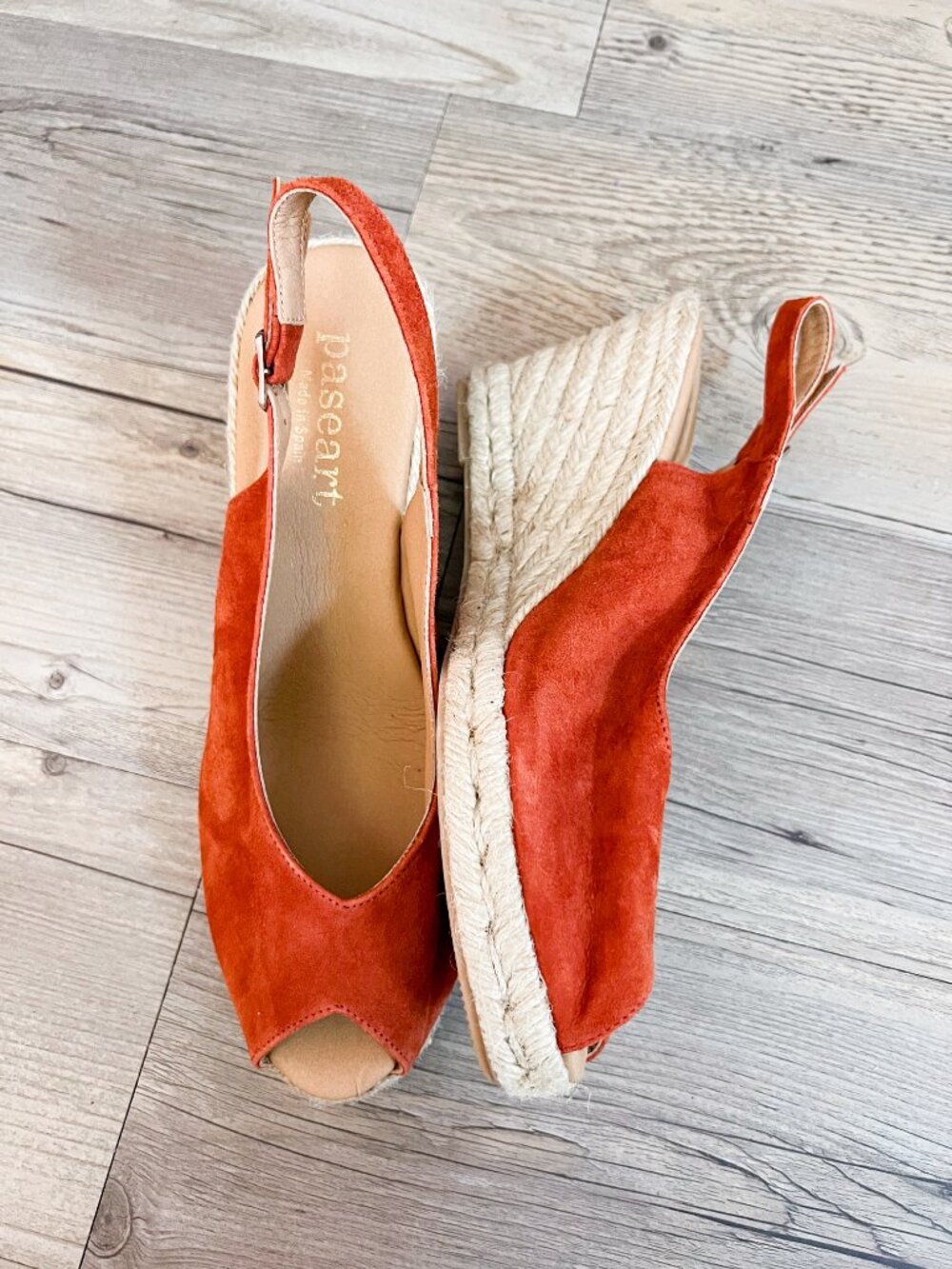 Paseart Burnt Orange Espadrille Suede Peep-Toe Wedges - Size 40